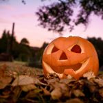 A halloween pumpkin sat on a bed of autumn leaves.