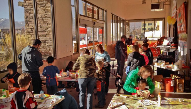 The Home Depot Kids Workshops: Attendees (blurred faces to protect identities), 2014 Copyright Will Hull, Windy Pinwheel